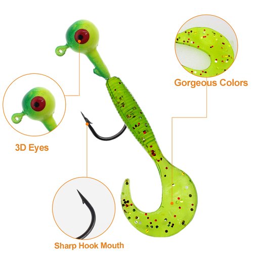 Ghanneey 150Pcs Fishing Soft Lures Kit Set with Jig Heads Hooks Kit Soft Plastic Grubs and Crappie Jig Fishing Hooks for Bass Trout Saltwater and Freshwater