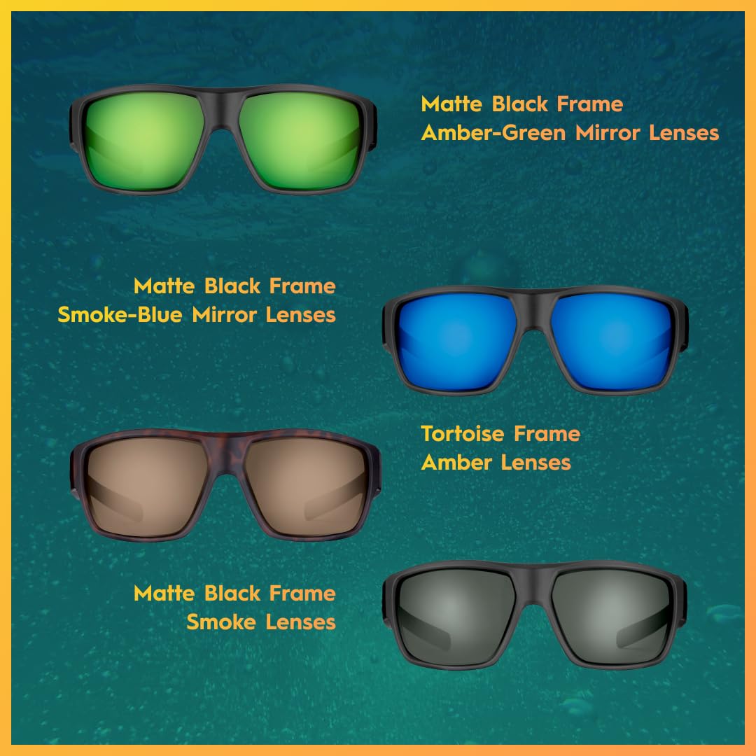 Flying Fisherman Granders Polarized Square Sunglasses, Matte Black Frame/Green Mirror Lens, Large