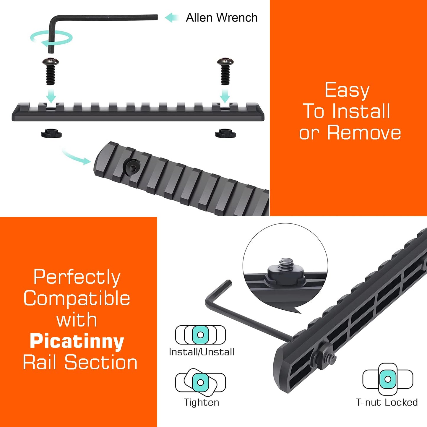 CG GEARS Picatinny Rail 3,5,7,9,11,13-Slot for Mlok, Polymer Rails Section Plus Offset Optic Mount with T-Nuts, Screws & Allen Wrench ((3-5-7-9-11-13) Rails+ 1 Slot Light Mount)