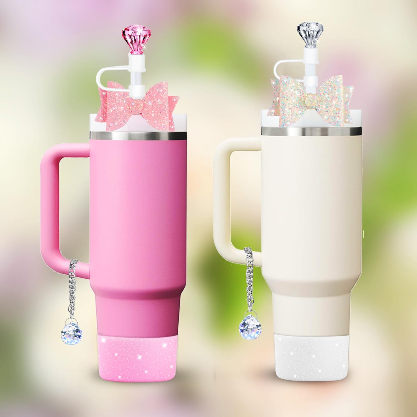8Pcs Diamond Accessories for Stanley Cup Glitter Straw Topper Silicone Boot Bow Tie Crystal Handle Charms for Stanley Cup 30&40 Oz Pink Tumbler Cup Water Bottle Accessories Set Reusable Straw Cover