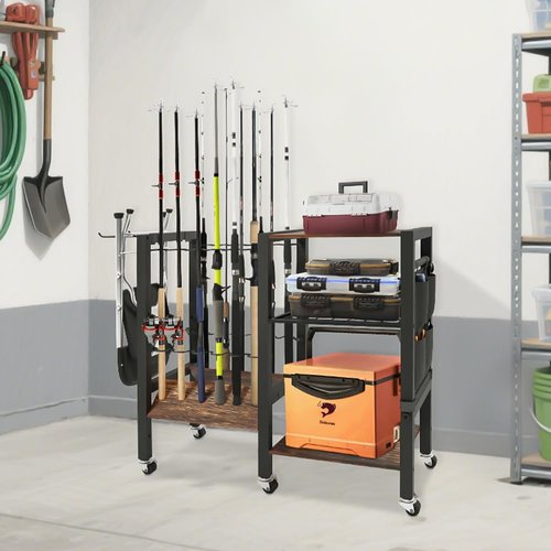 Dobures Fishing Rod Holder, 3-Tier Fishing Pole Rack, Fishing Equipment Organizer Tackle Storage Cart for Garage Organization, Holds up to 12 rods