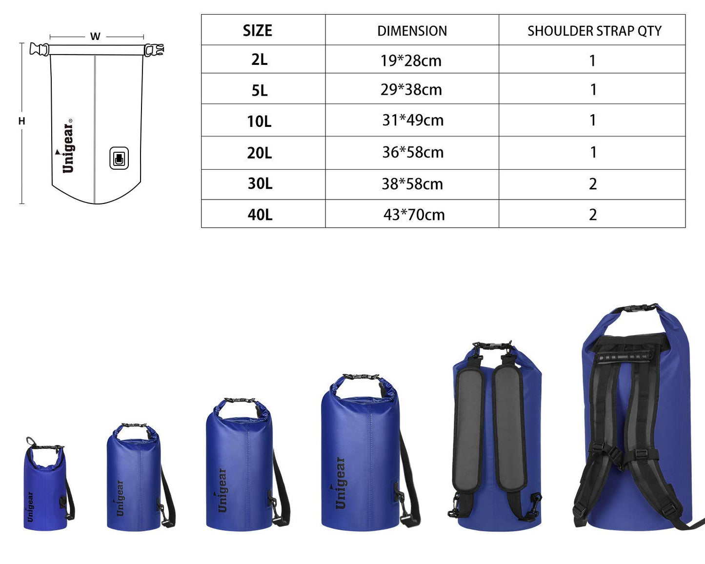 Unigear Dry Bag Waterproof, Floating and Lightweight Bags for Kayaking, Boating, Fishing, Swimming and Camping with Waterproof Phone Case (Blue, 2L)