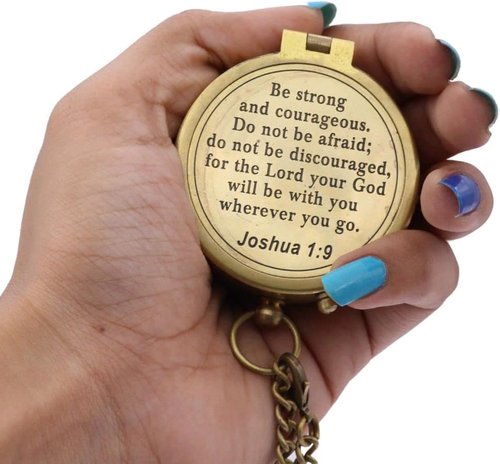 Be Strong And Courageous, Joshua 1:9, Solid Brass Directional Engraved Compass - Baptism, First Communion, Confirmation Gift for Boys, Girls, Men - Christian Catholic