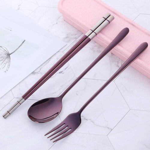 Do Buy Stainless Steel Fork Spoon Chopsticks with a Durable Case for Home Outdoor Camping Traveling Hiking, Purple