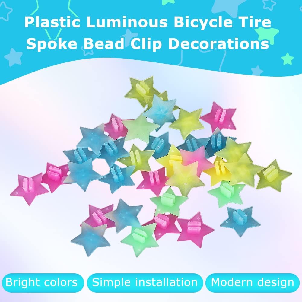 VGEBY Bike Wheel Spokes Beads, Plastic Luminous Bicycle Tire Spoke Bead Clip Decorations Bike Spoke Decorations (36PCS Star Beads)