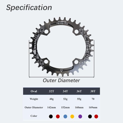 DJC Bike Chainring 104BCD Oval 32t 34t 36t 38t Tooth Narrow Wide 7/8/9/10/11/12 Speed Ultralight MTB Mountain Bike 104 BCD Chainwheel,07# Oval Black,36T