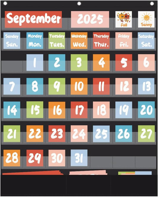Classroom Calendar Pocket Chart with 84pcs Cards, Kids Calendar Pocket Chart for Classroom Decor, Circle Time Learning Center, School Homeschool Supplies (Black A)
