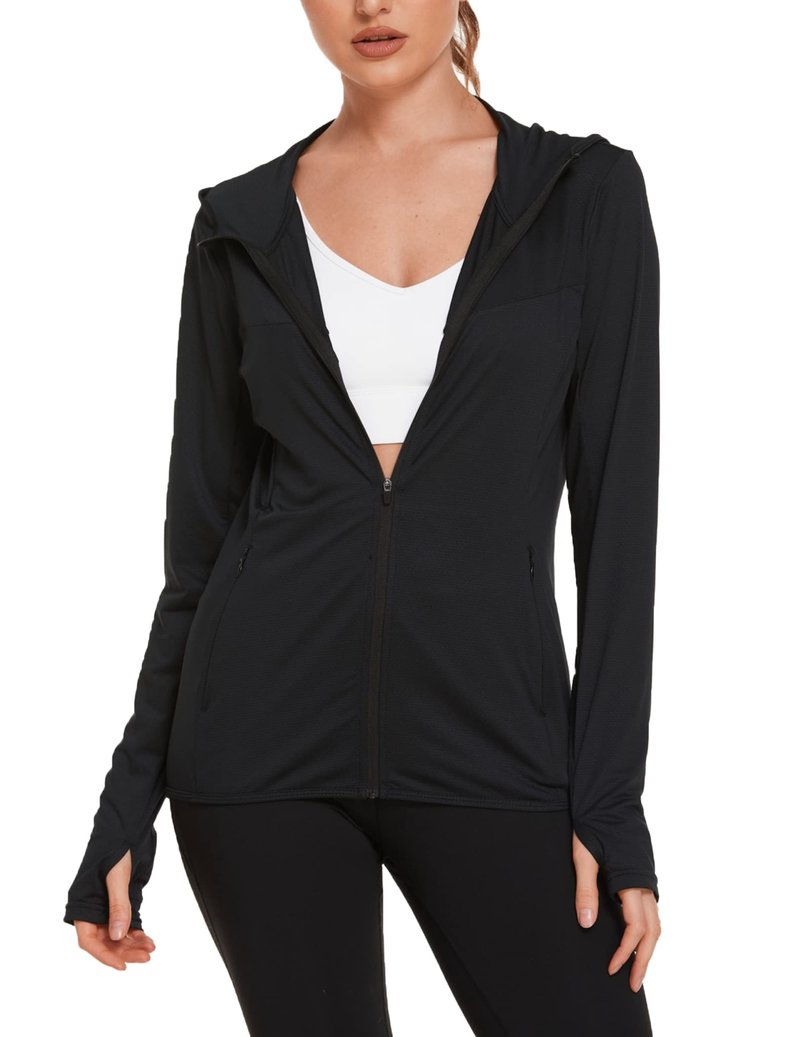 COOrun Women's UPF 50+ Sun Protection Hoodie Jacket Lightweight Full Zip Running Jacket Athletic Workout Top with Thumb Holes Zipper Pockets Black S