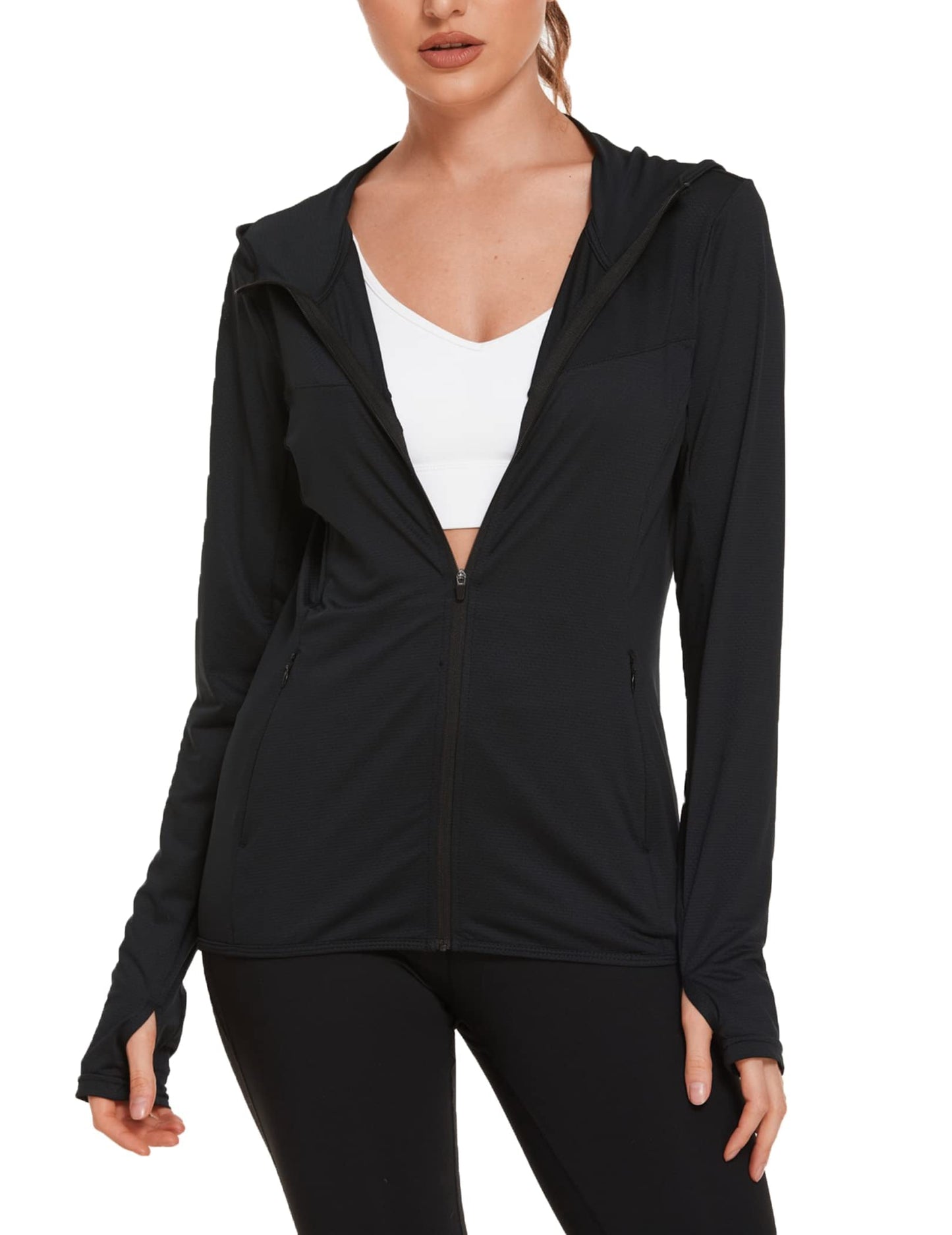 COOrun Women's UPF 50+ Sun Protection Hoodie Jacket Lightweight Full Zip Running Jacket Athletic Workout Top with Thumb Holes Zipper Pockets Black S