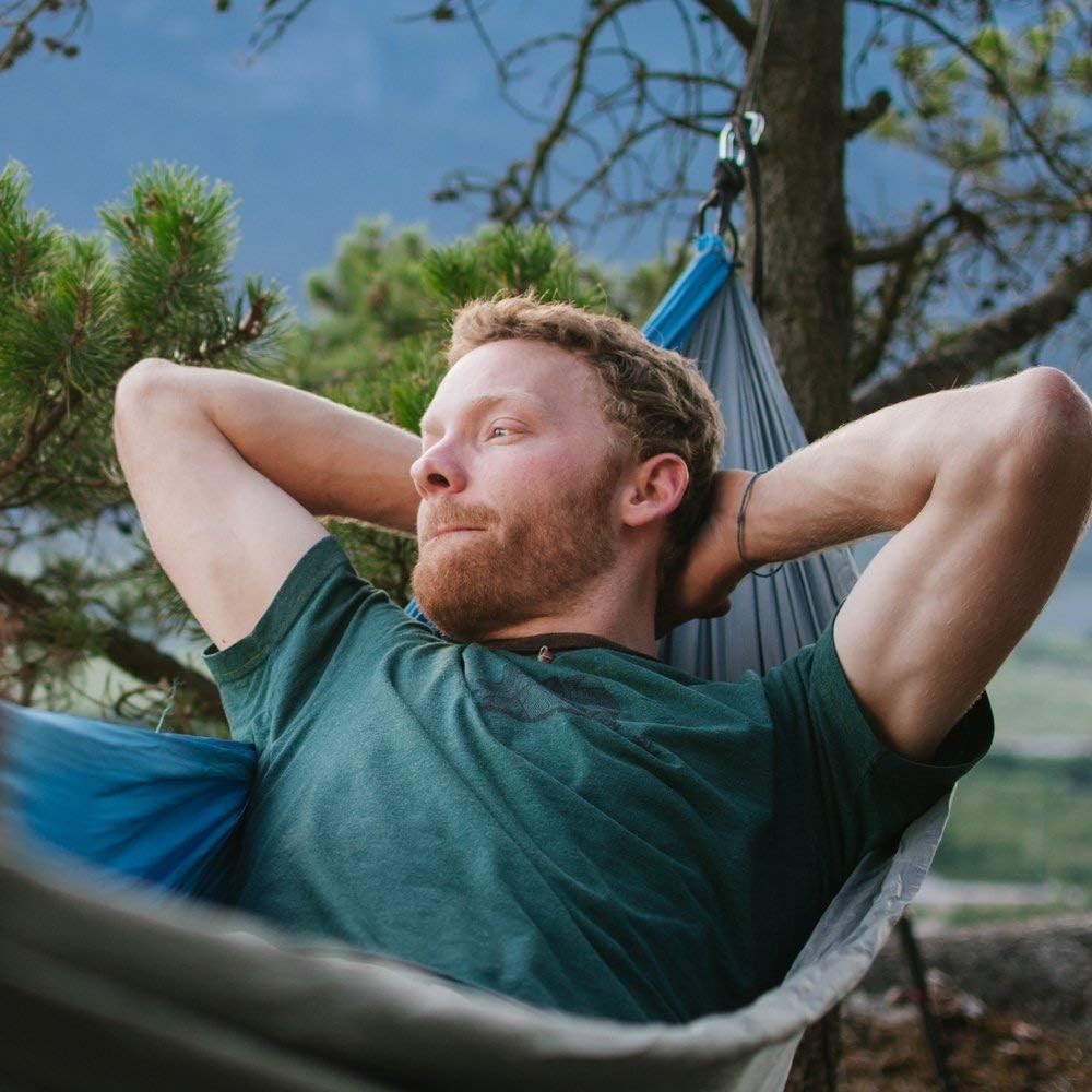 Neolite Double Camping Hammock - Lightweight Portable Nylon Parachute Hammock for Backpacking, Travel, Beach, Yard. Hammock Straps & Steel Carabiners Included (Orange/Blue)