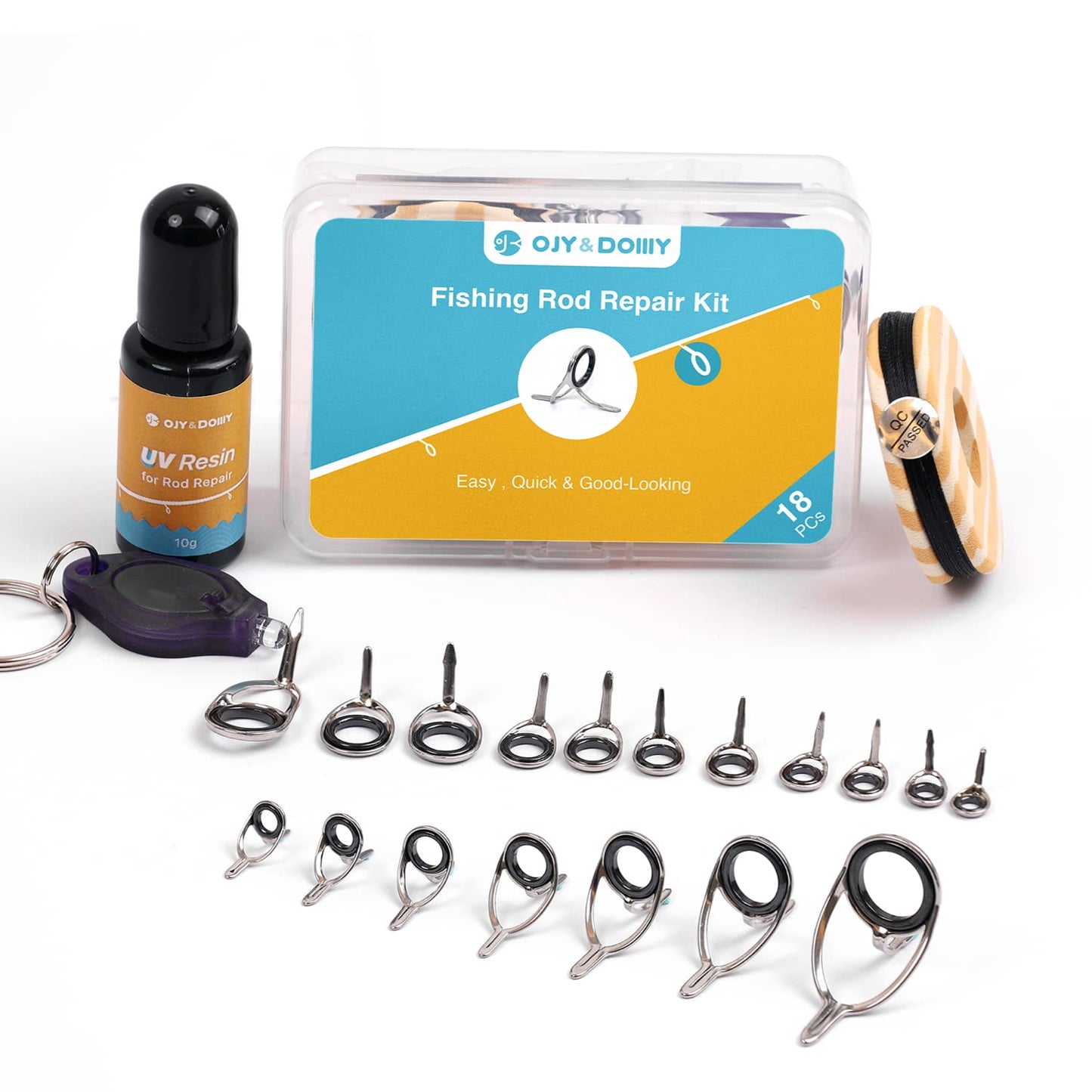 OJYDOIIIY Fishing Rod Eyelet Repair Kit Complete, Emergency Quick-Fix Fishing Pole Eyes Replacement Kit with Stainless Steel Guides for Spinning/Casting Rod