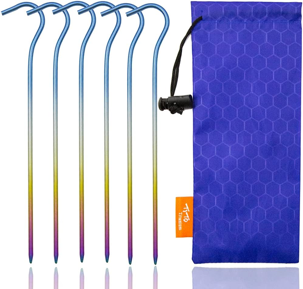 TiTo Titanium Shepherd Hook Tent Stakes Tent Pegs Tent Stakes Dia 3.5mm and Length 165mm About 8.2G.(6-Pack) (Rainbow Color)