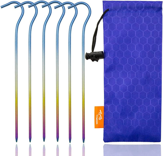 TiTo Titanium Shepherd Hook Tent Stakes Tent Pegs Tent Stakes Dia 3.5mm and Length 165mm About 8.2G.(6-Pack) (Rainbow Color)
