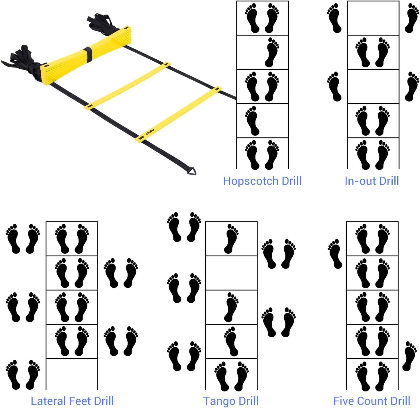 Agility Ladder Speed Training Set: Ohuhu 12 Rung 20ft Soccer Training Equipment for Kids with 12 Cones, 4 Steel Stakes, Instruction Manual & Carrying Bag for Football Exercise Sports Footwork Training