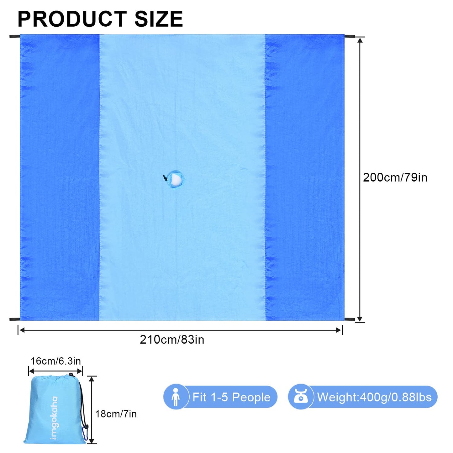 imgokaha Beach Blanket with Umbrella Hole, Large Beach Blanket Waterproof Sandproof, Comfortable Nylon Beach Mat Lightweight with 4 Stakes & 4 Corner Pockets Blue 7FT