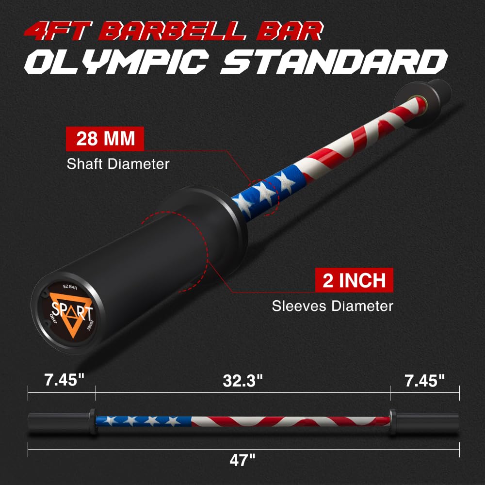 4FT Olympic Barbell Bar, 47Inch Straight Weight Bar with 2 Collars, Solid Olympic Bar with Bearings, 500Lbs Capacity Weightlifting Bar for Home Gym Strength Training, Suitable for 2 Inch Plates, Stars