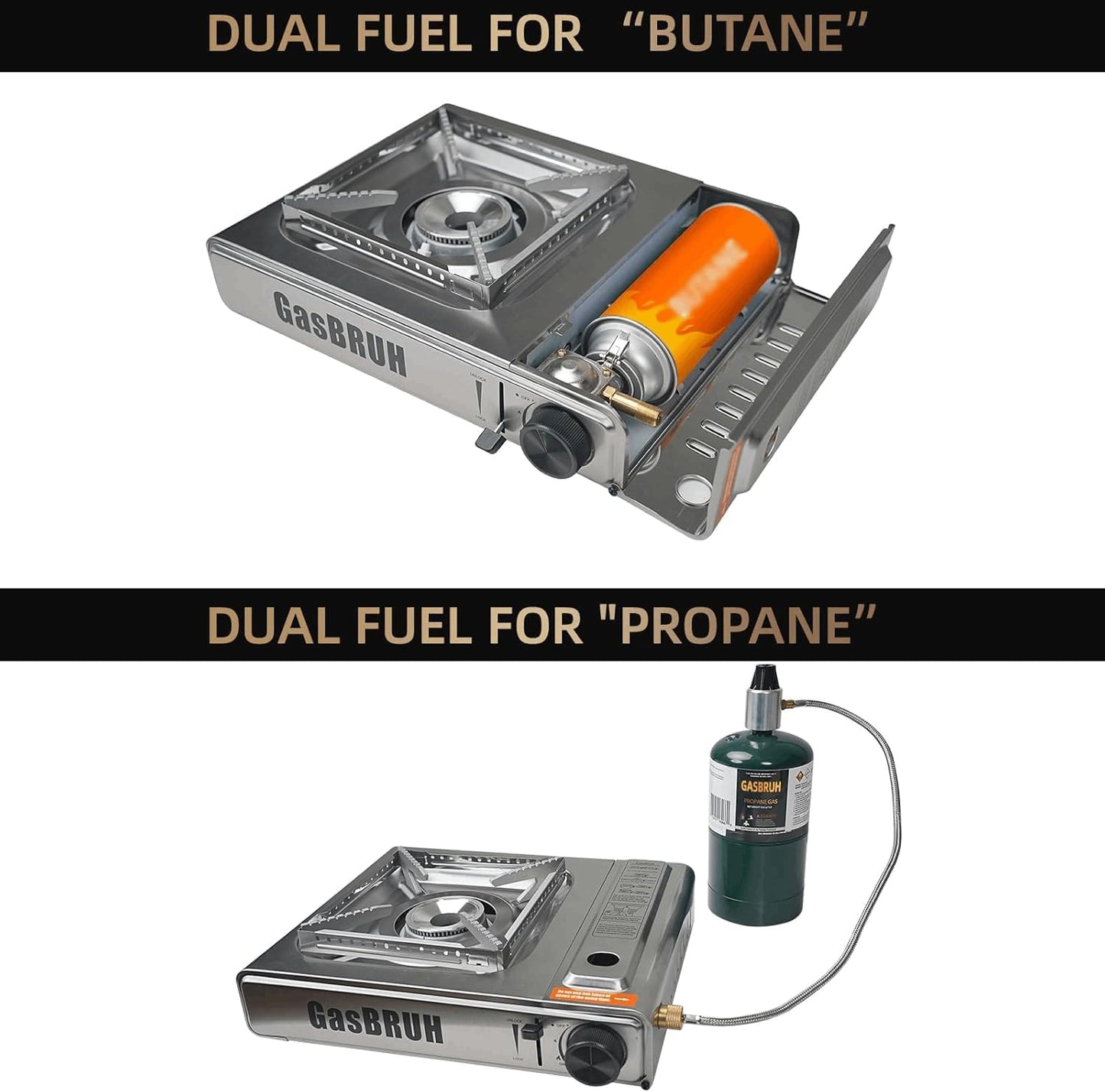 Propane or Butane Stove with Windblocker,Dual Fuel 10000BTU Stainless Steel Portable Camping Stove with CarryCase,Gas Stove for Camping,Tailgating,Outdoor Cooking,Emergency(Fuel not included)