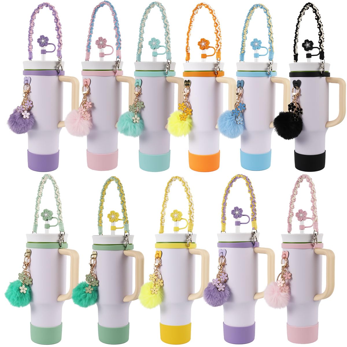 AAUP Cup Accessories Set, Includes Water Bottle Holder,Straw Cover,Silicone Boot,Pompom Ball,Daisy key-chain, Compatible with Stanley Cup16oz 24oz and 40oz (Flower pink)