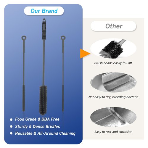 Silicone Water Bottle Brush and Straw Cleaner Set,Long Bottle Brush,Straw Cleaning Brush Silicone,Long Handle Scrub Cleaning Brush for Narrow Neck Bottle,Wine Bottle,Thermos,Sports Bottles (Dark Grey)
