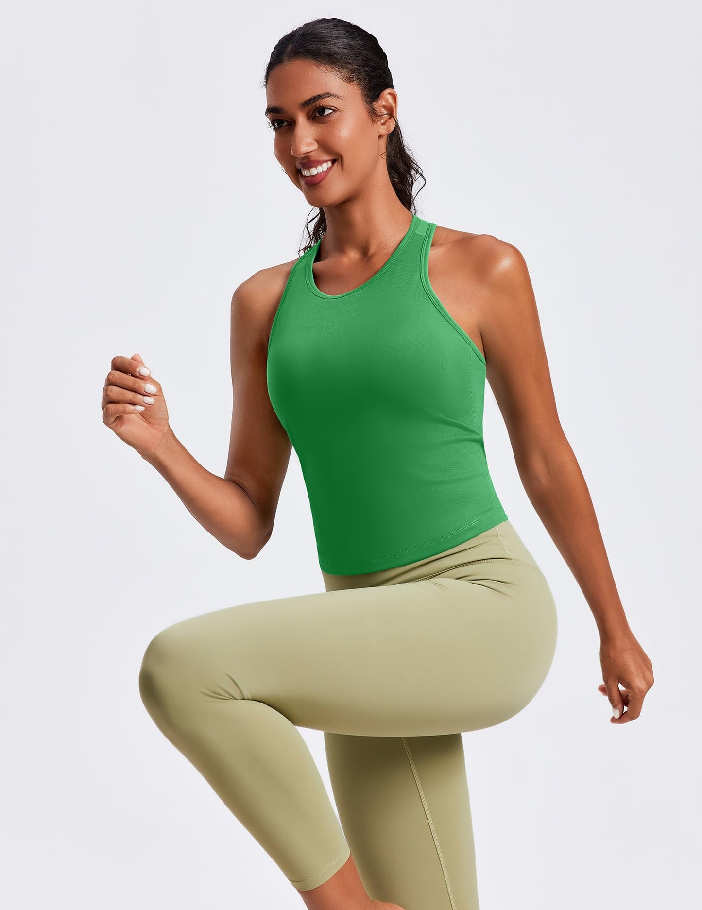 PINSPARK Womens Workout Tank Tops with Built in Bras Crew Neck Running Tank Racerback Moisture Wicking Yoga Top, Green XS