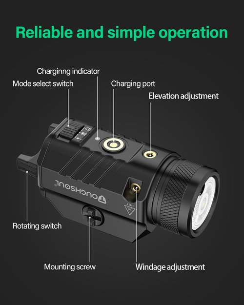 TOUGHSOUL 1200 Lumens Picatinny Rail Mount Pistol Light Green Laser Combo, White LED Flashlight with Green Beam Powered by Built in Rechargeable Battery
