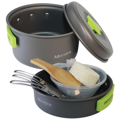 MEETSUN Lightweight Backpacking Cookware Set, Aluminum Camp Cooking Set with 1L Pot,Camping Mess Kit for 1 with Folding Tableware Perfect for Backpacking Stove Kit,Outdoor,Hiking,Survival,Emergency.