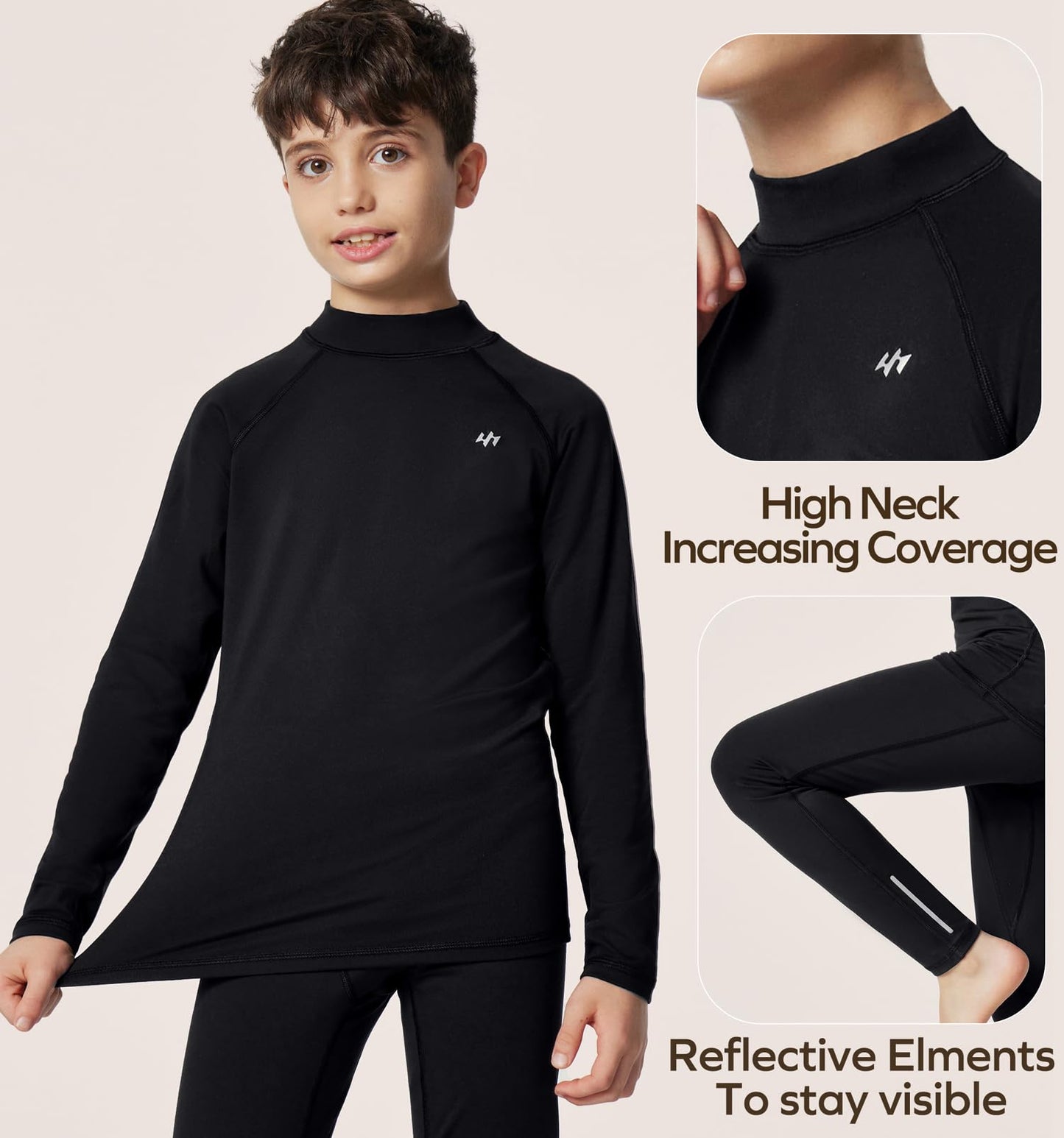 Ewedoos Thermal Underwear Set for Kids Thermals Top and Bottom Set Boys Long Johns Base Layer Thermal Set Black