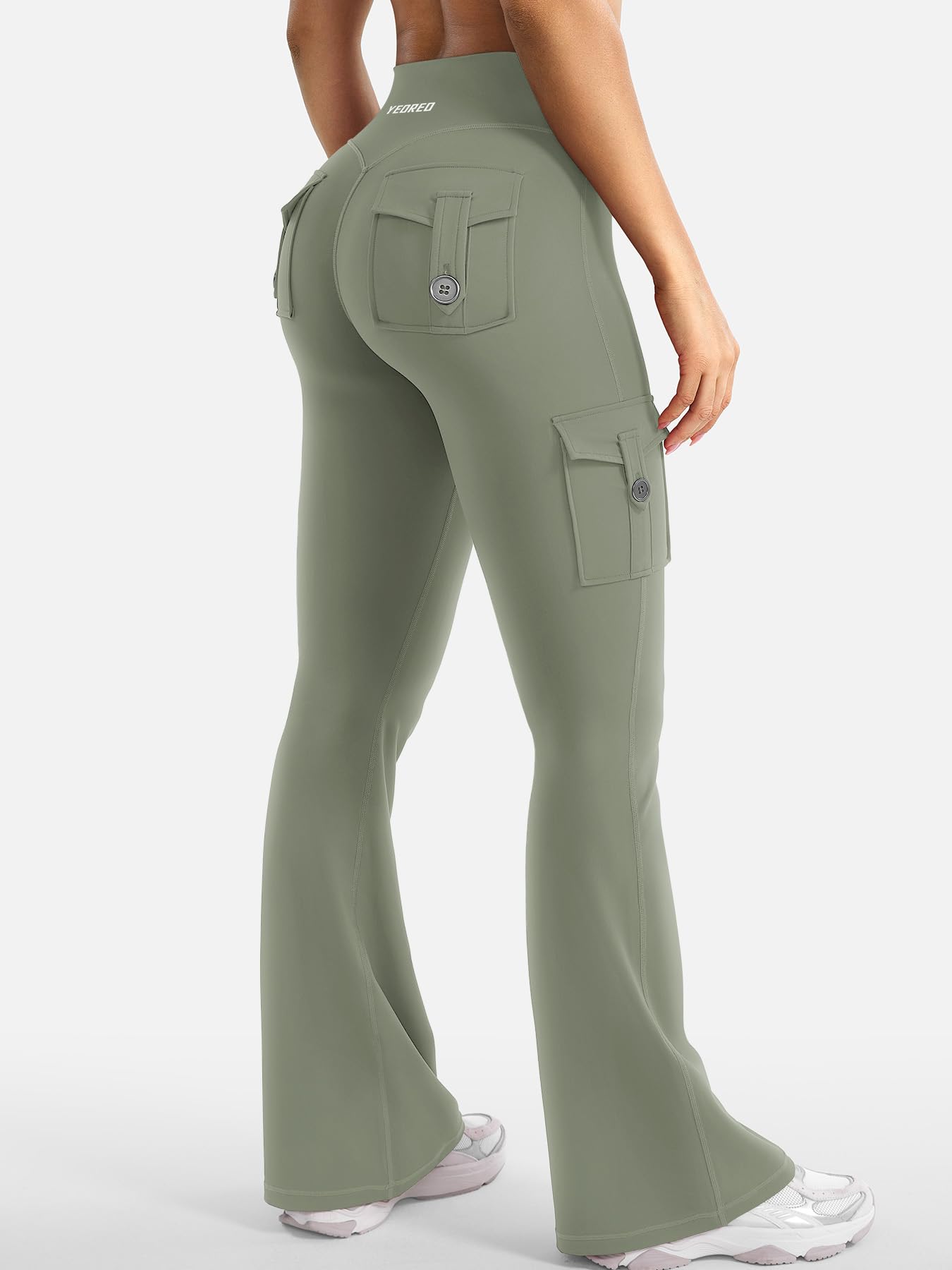YEOREO CoreFlex Women Workout Flare Leggings with Pockets Hidden Scrunch High Waisted Cargo Gym Yoga Leggings Light Army Green XS