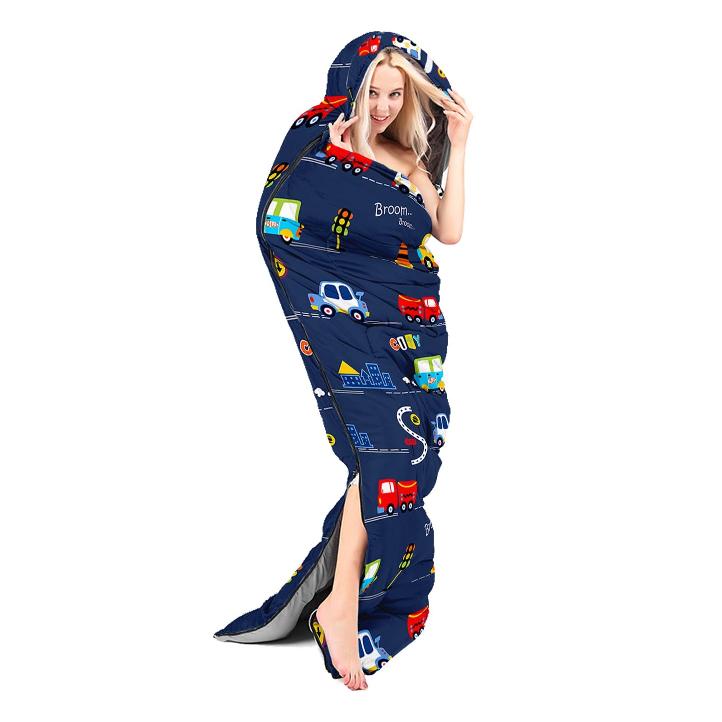Sleeping Bags for Adults and Kids Backpacking Camping Sleeping Bags for Girls and Boys Lightweight Waterproof Cold/Warm 3-Season Outdoor Travel with Compression Bags (Cartoon Car, Single -31.5x90.5)