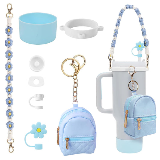 GODLIY 7 PCS Cup Accessories Set Including Water Bottle Handle Strap Silicone Boot,Coin Purse,Silicone Cup Boot, Straw Cover for Stanley 30oz & 40oz Tumbler Blue