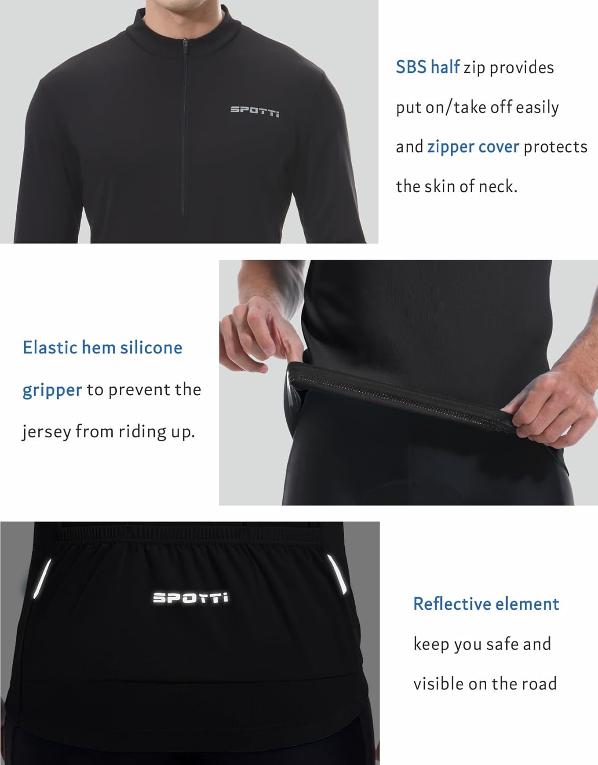 Spotti Men's Cycling Bike Jersey Long Sleeve with 3 Rear Pockets - Moisture Wicking, Breathable, Quick Dry Biking Shirt