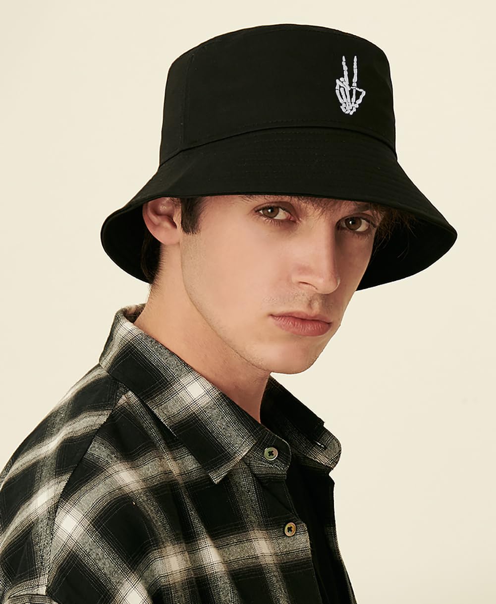 Unisex Skeleton Fingers Black Bucket Hat Beach Sun Hat Washed Cotton Fisherman Cap for Women Men