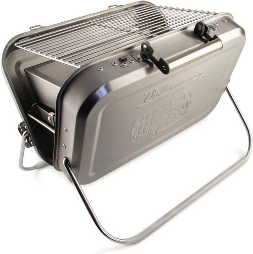 BRISA VW Collection - Volkswagen Portable Suitcase Grill with Grill Grate, Charcoal Catcher & Stainless Steel Handle in T1 Bus Design (Silhouette/Silver)