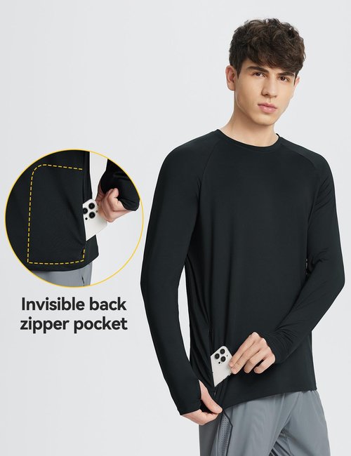 baleaf Men's Long Sleeve Running Shirts Sun Protection UV UPF 50+ T Shirts Workout Athletic Gym Quick Dry Zip Pocket Black XL