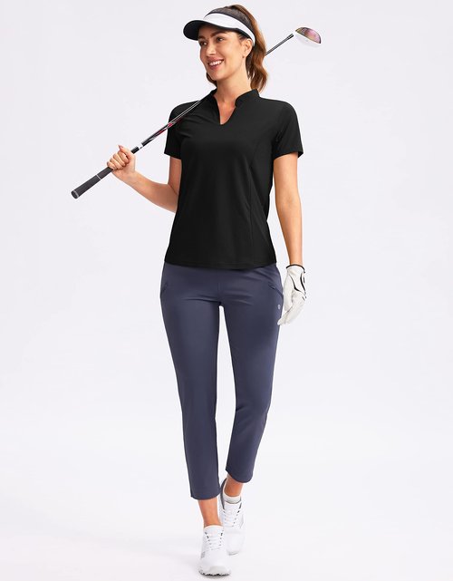 Obla Women's Golf Polo Shirt V-Neck Short Sleeve Collarless Quick Dry Tennis Running T Shirt Golf Tops for Women(Black_M)