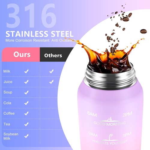 SLUXKE 316 Stainless Steel Insulated Water Bottle 32oz with Handle, 1L Double Wall Insulated Bottle with Time Marker BPA Free, 1000ml Metal Water Flask for Outdoor Working School PURPLE PINK