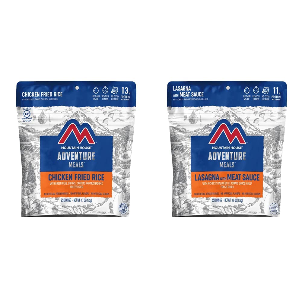 Mountain House Chicken Fried Rice and Lasagna with Meat Sauce | Freeze Dried Backpacking & Camping Food | 2 Servings Each