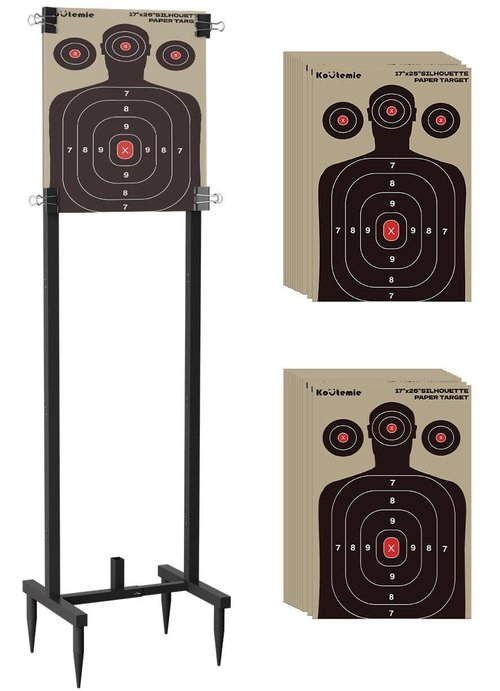 Koutemie Outdoor Shooting Target Stand Holder and 10 Pack 17 X 25 Inch Paper Shooting Targets