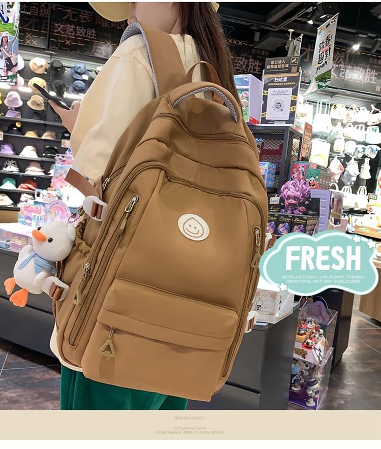 ANEBIPLE Cute Backpack with Bonus Accessories Kawaii Concise Leisure Backpack, Large Capacity (05 Khaki)
