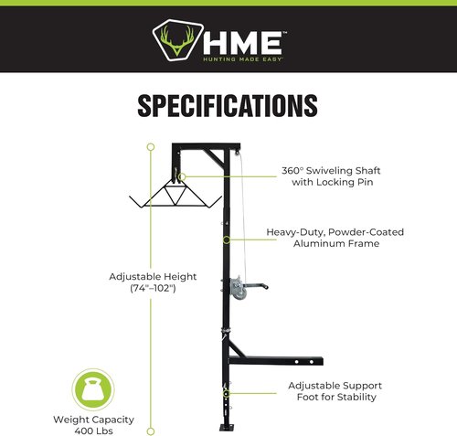 HME Truck Hitch Game Hoist Complete Kit with Winch and Gambrel, 400 lb Capacity - Hunting Game Skinning and Cleaning Accessory with 360-Degree Swivel Shaft and Adjustable Height