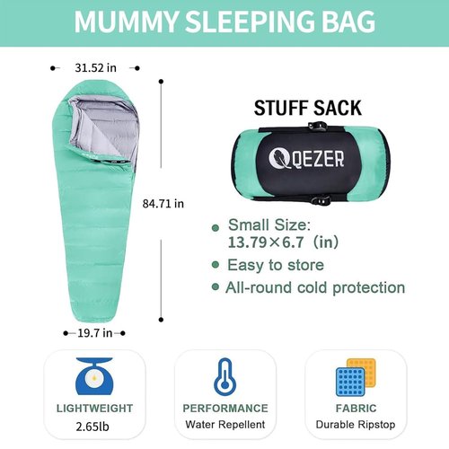 QEZER Down Sleeping Bag for Adults 32 Degree F Backpacking Sleeping Bag with 600 FP Down Ultralight Mummy Sleeping Bag with Pouch（LightGreen）