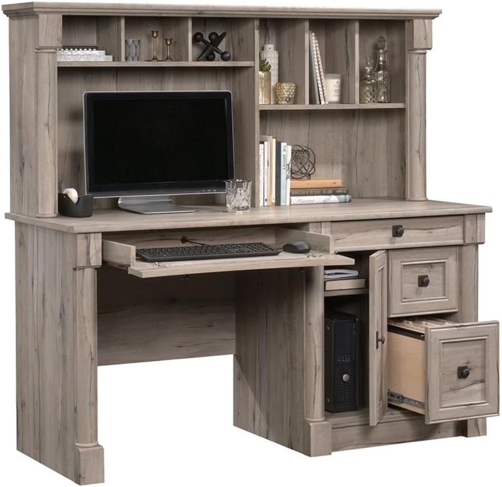 Pemberly Row Contemporary Wood Computer Desk with Hutch in Cherry