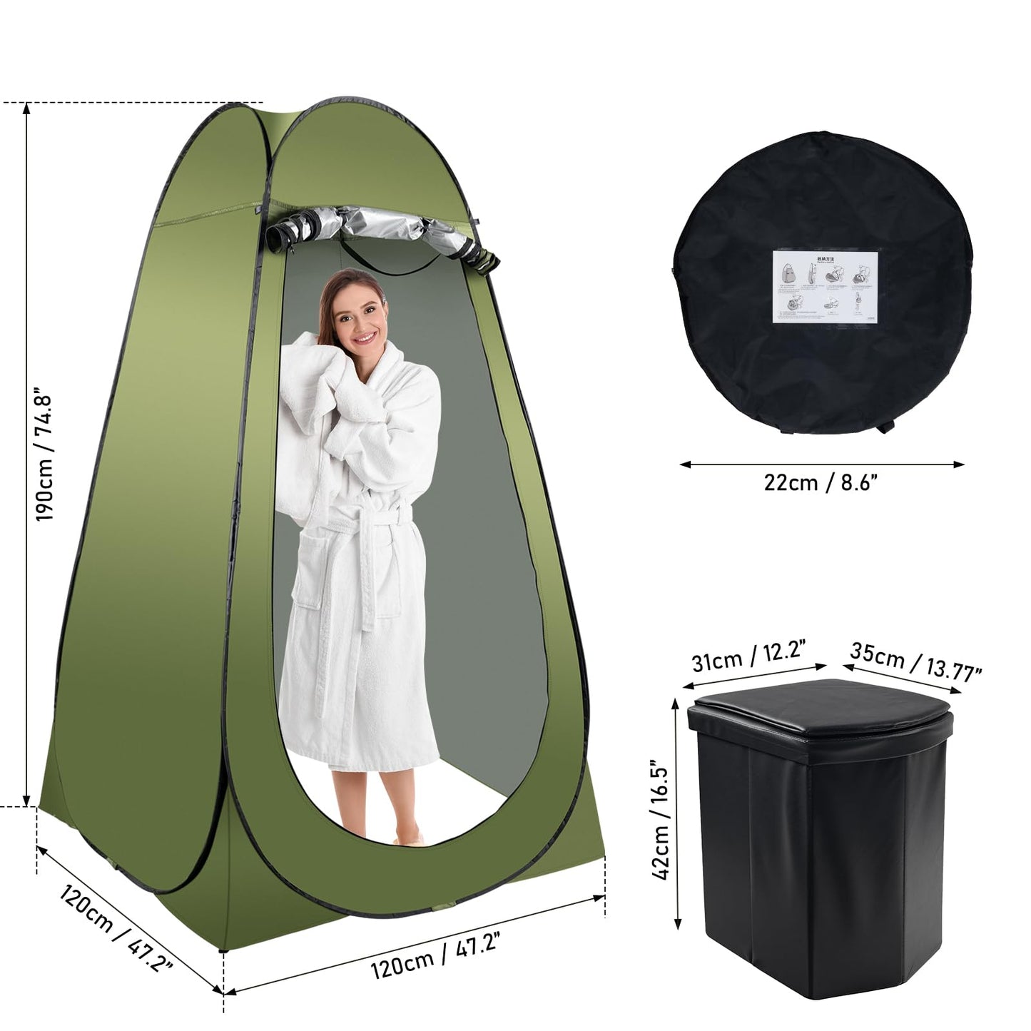 Portable Camping Toilet Kit for Adults, Pop up Privacy Tent, X Large Folding Toilet Potty with Camping Tent, Outdoor Instant Shower Tent Camp Toilet Changing Dressing Room (Green)
