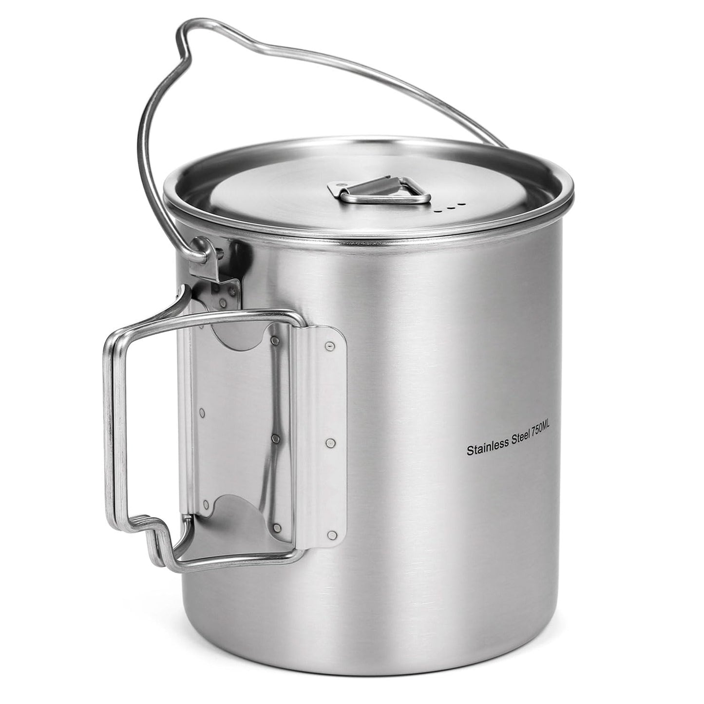 Ailgely 750ml Stainless Steel Cup with Gradation Marks, Foldable Handle, Lid, and Mesh Bag for Camping, Hiking, Picnic (750ml hanging pot)