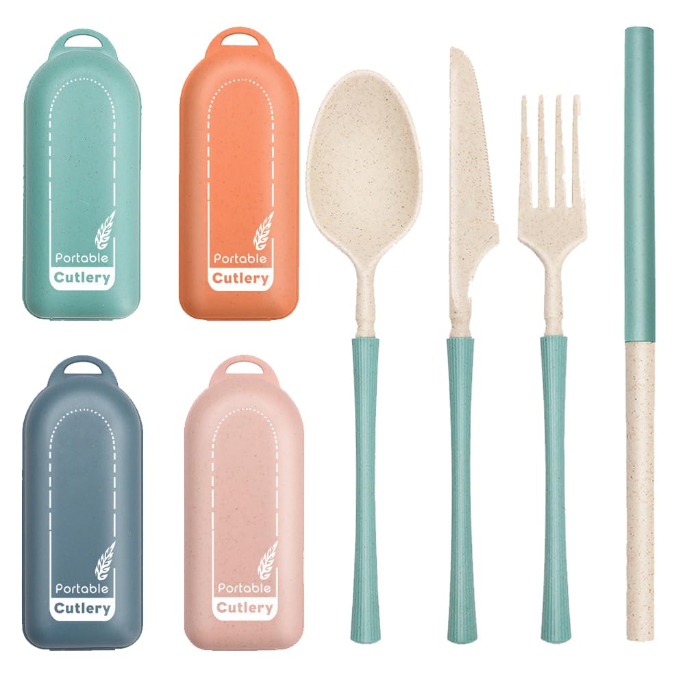 4Pack Folding Cutlery Set with Case, Travel Foldable Collapsible Portable Wheat Spoon Fork Straw Utensil Tableware for Picnic Camping