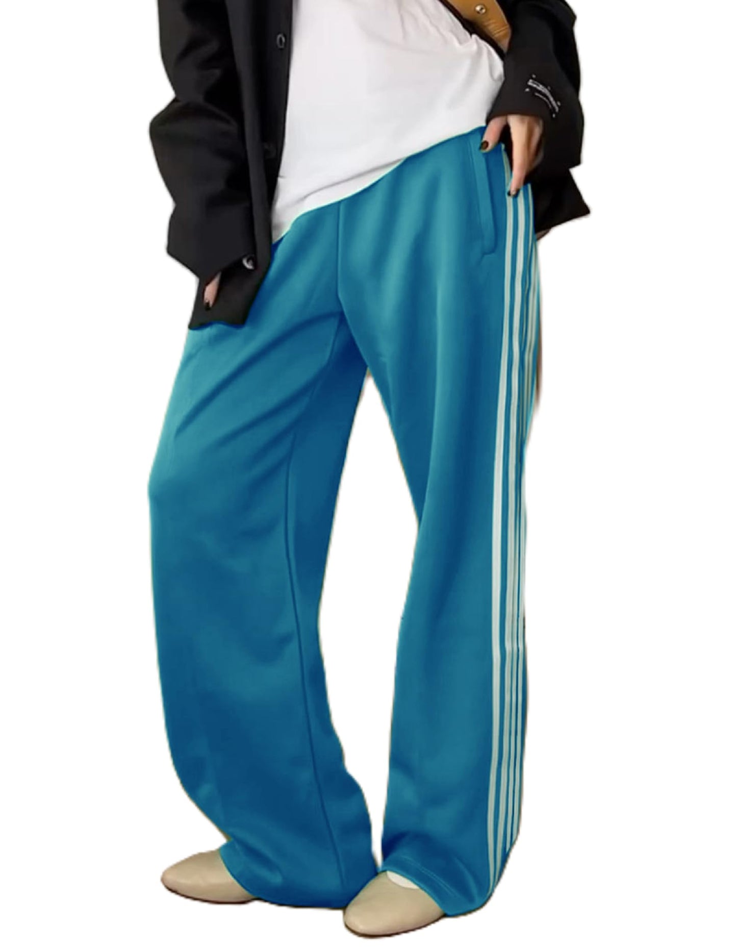 KMBANGI Women Striped Track Pants Elastic Waist Straight Leg Sweatpants Joggers Wide Leg Side Stripes Pants with Pockets(Casual Blue,M)