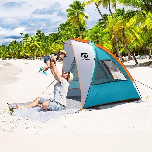 Unicamper Beach Tent 2-3 Person Sun Shelter UPF 50+ with Extended Waterproof Pe Floor & 3 Mesh Roll Up Windows Fits, Portable Beach Shade Easy Setup for Outdoor Camping, Indoor, Fishing, Yard. (Blue)