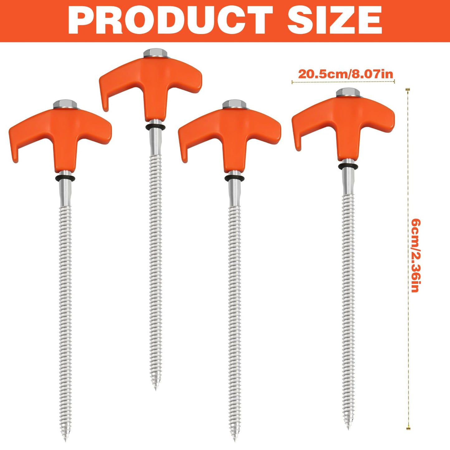 4Pcs Screw in Tent Stakes Heavy Duty, 8" Ground Stakes Ground Anchors Screw in, Metal Screw Tent Stakes Heavy Duty Tent Pegs, Ground Threaded Tent Spikes for Outdoor Camping (Orange)