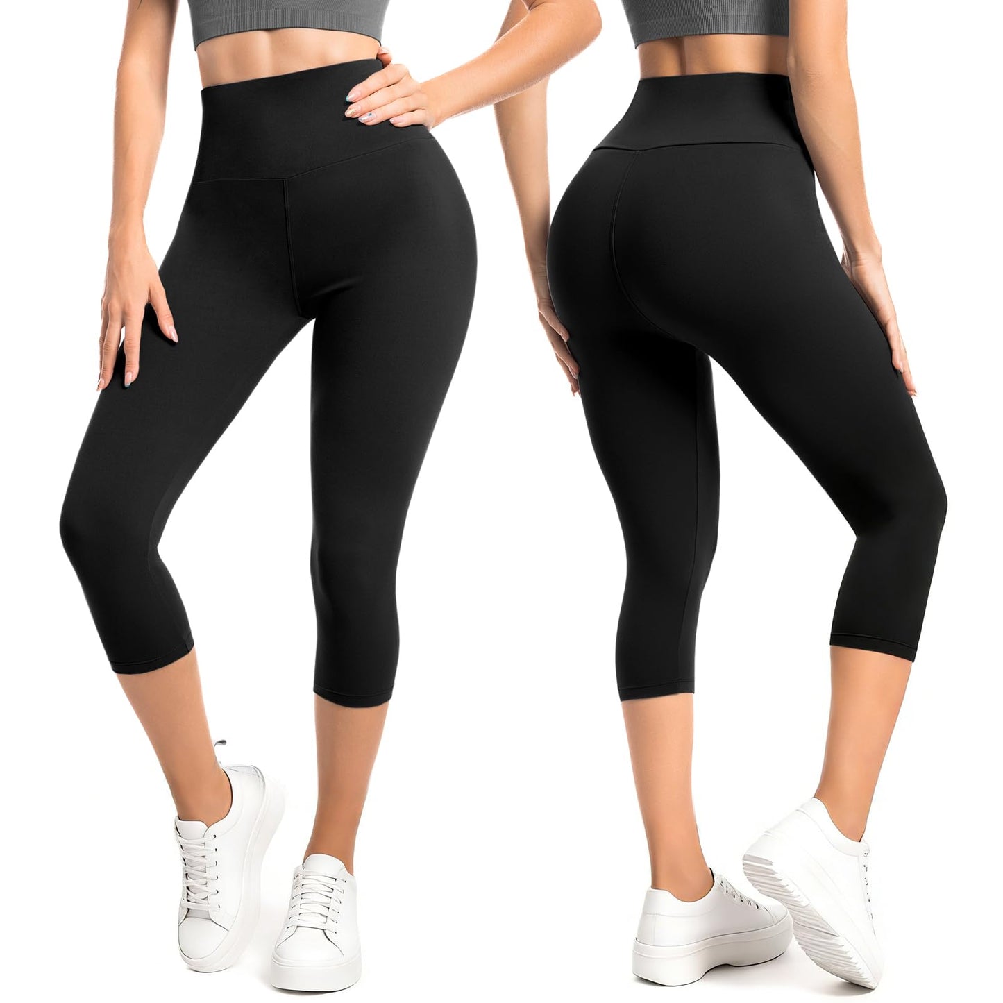 SINOPHANT Capri Leggings for Women - 2 Packs Buttery Soft Yoga Pants for Gym Athletic Black Grey LXL