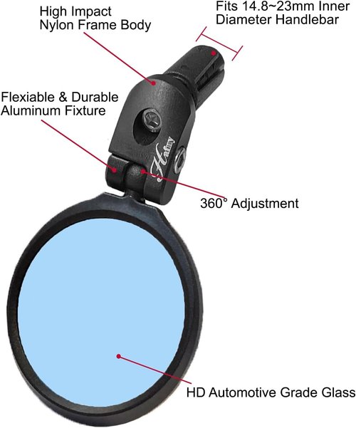 Hafny Bar End Bike Mirror, HD, Blast-Resistant, Glass Mirror, HF-MR090, HF-M951-FR03, HF-M952-FR03 (Silver Glass, 62mm)